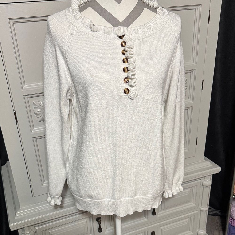 BTFBM Women's White Ruffled Sweater with Brown Buttons Size Small